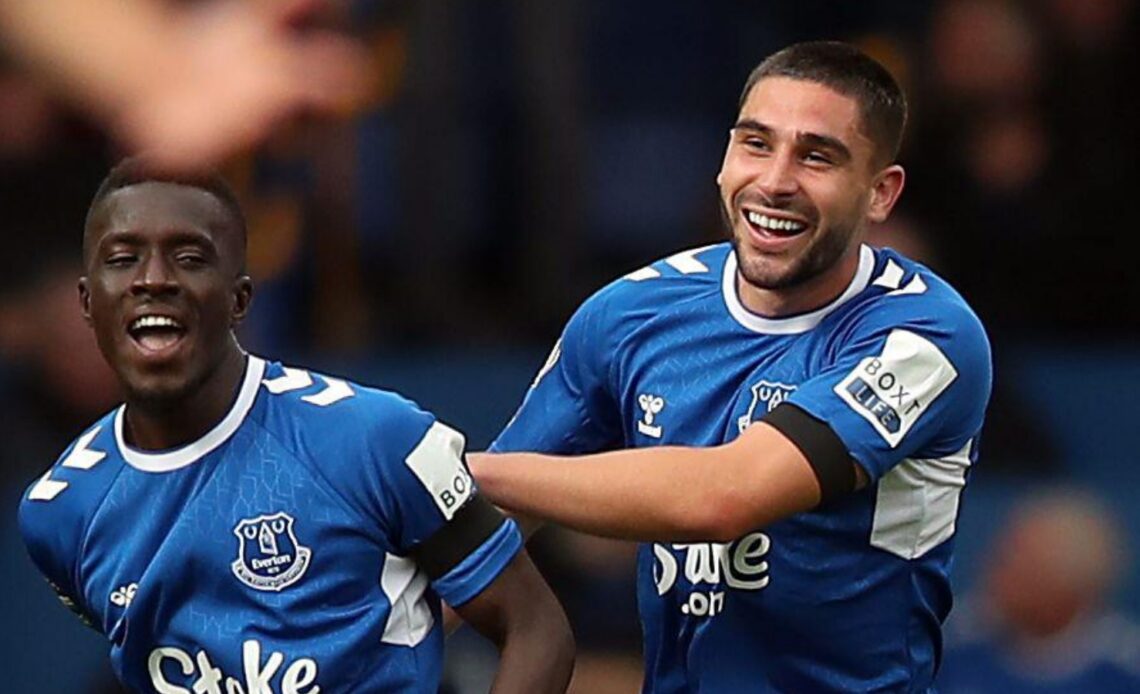 Everton striker Neal Maupay celebrates his goal with Idrissa Gueye