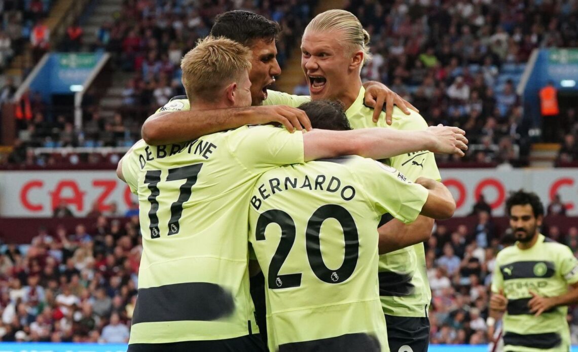 Man City striker Erling Haaland celebrates scoring a goal