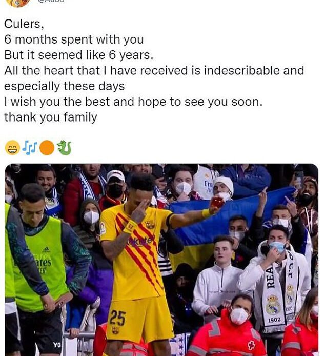 Pierre-Emerick Aubameyang pays tribute to Barcelona after ending his short spell at the Nou Camp