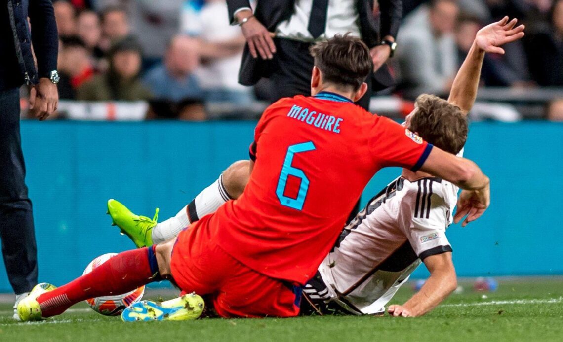 Harry Maguire fouls Thomas Muller