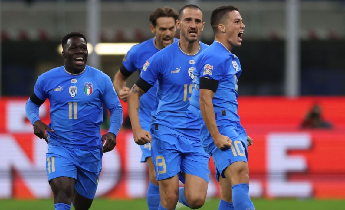 Giacomo Raspadori celebrates his winning goal for Italy against England in the UEFA Nations League Group A3 clash at San Siro