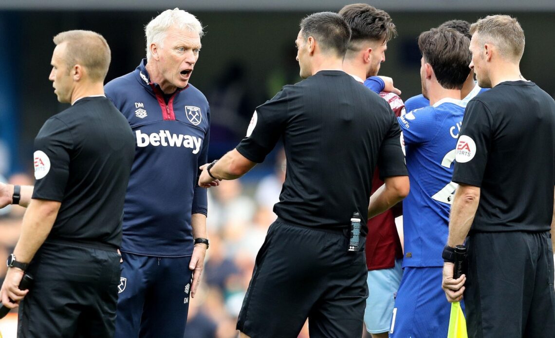 West Ham manager David Moyes angrily complains to referee Andy Madley