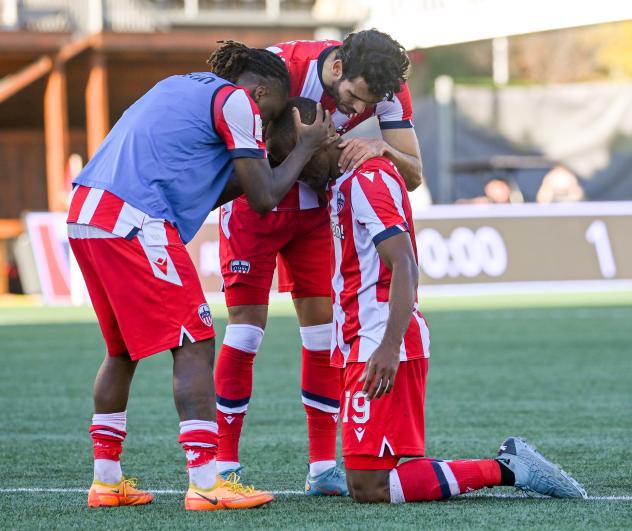 Atlético Ottawa 1 reacts after their goal against Pacific FC