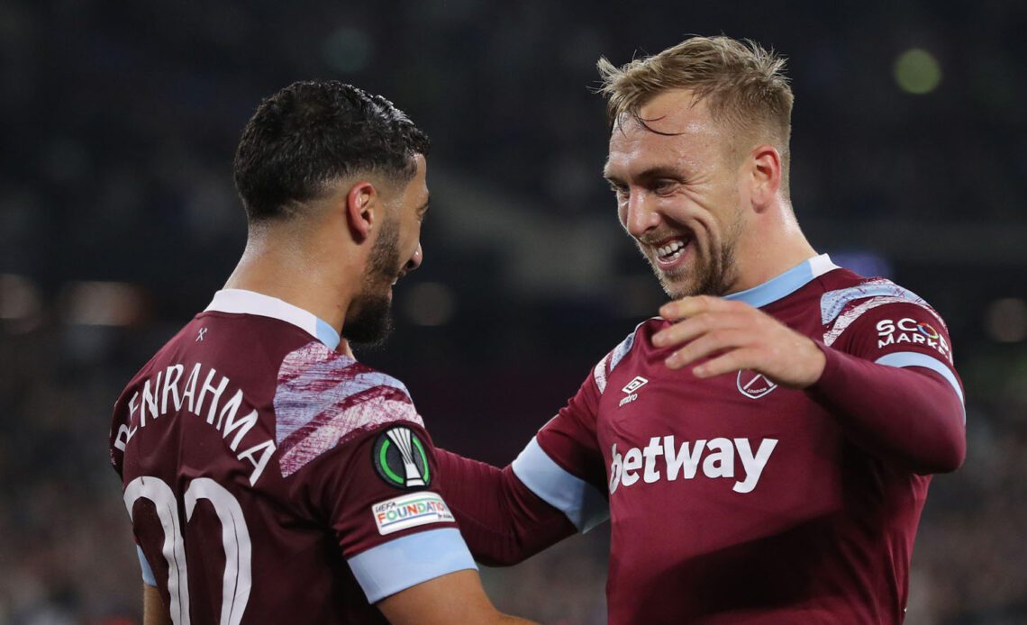 Jarrod Bowen of West Ham United celebrates with Saïd Benrahma