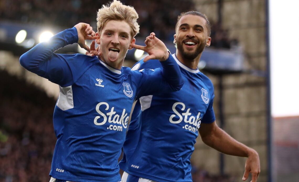 Anthony Gordon and Dominic Calvert-Lewin celebrate during Everton's win over Crystal Palace.