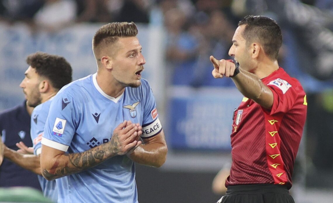 Reported Arsenal target Sergej Milinkovic-Savic appeals to the referee