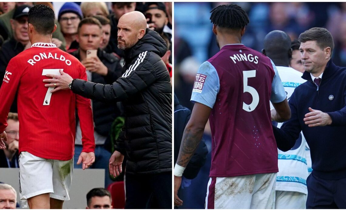 Cristiano Ronaldo and Tyrone Mings are greeted by Erik ten Hag and Steven Gerrard respectively.