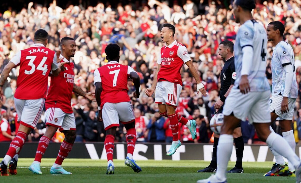 Arsenal forward Gabriel Martinelli celebrates scoring a goal