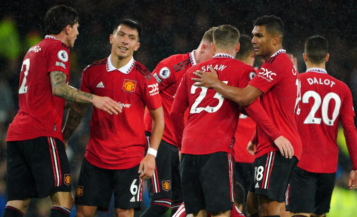 Manchester United celebrate a 2-1 Premier League win over Everton at Goodison Park