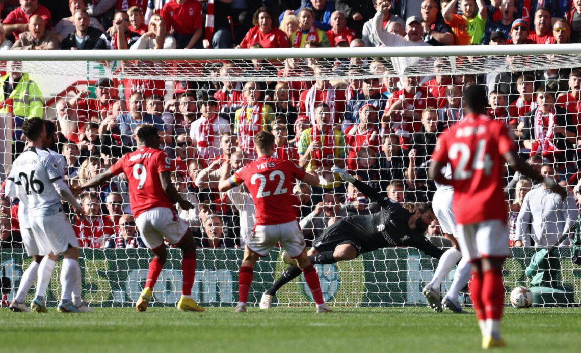 Taiwo Awoniyi scores for Nottingham Forest against Liverpool