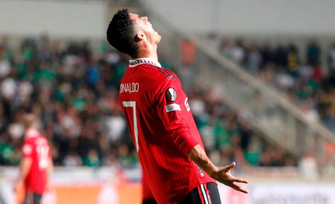 Man Utd striker Cristiano Ronaldo screams into the air