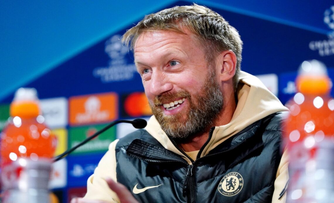 Chelsea manager Graham Potter smiles at a press conference after a Champions League game