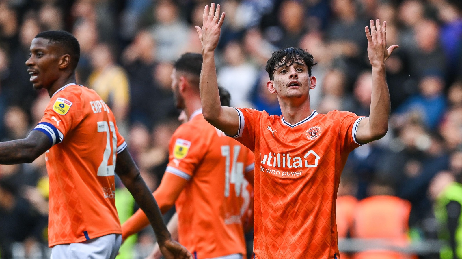 Arsenal loanee Charlie Patino #28 of Blackpool celebrates his goal to make it 2-1 during the Sky Bet Championship match Blackpool vs Preston North End at Bloomfield Road, Blackpool, United Kingdom, 22nd October 2022