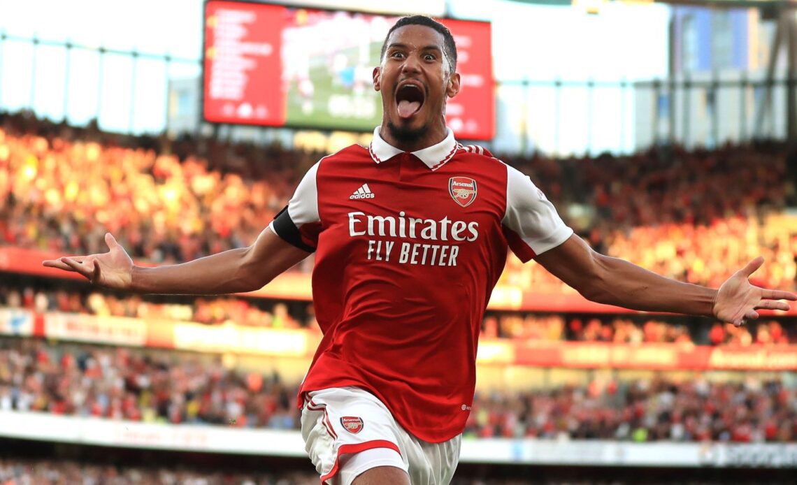 Arsenal defender William Saliba celebrates scoring a goal