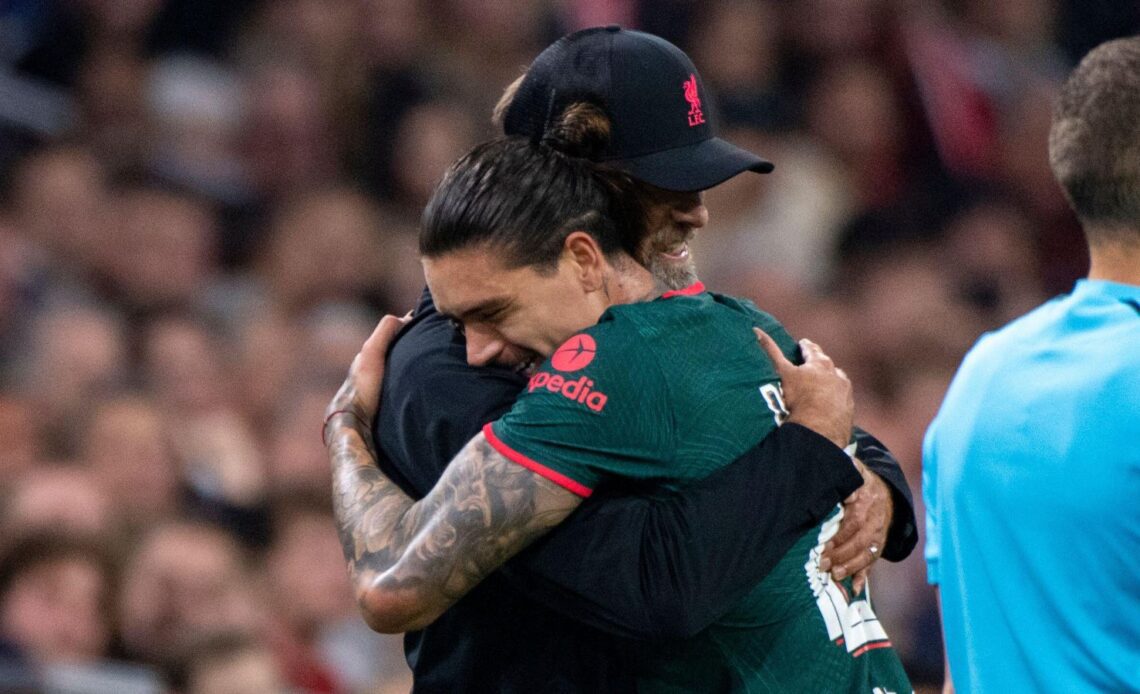 Liverpool manager Jurgen Klopp embraces Darwin Nunez
