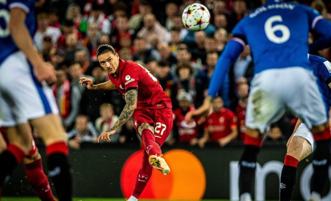 Liverpool striker Darwin Nunez shoots at goal