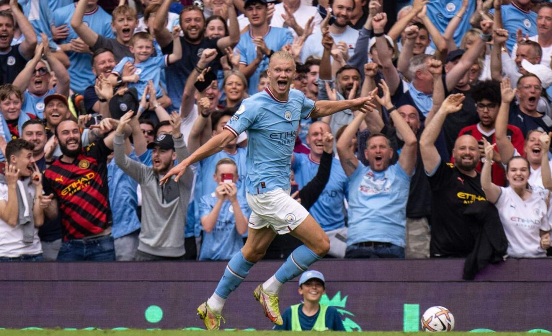 Erling Haaland celebrates after completing a Premier League hat-trick for Manchester City against Crystal Palace at Etihad Stadium