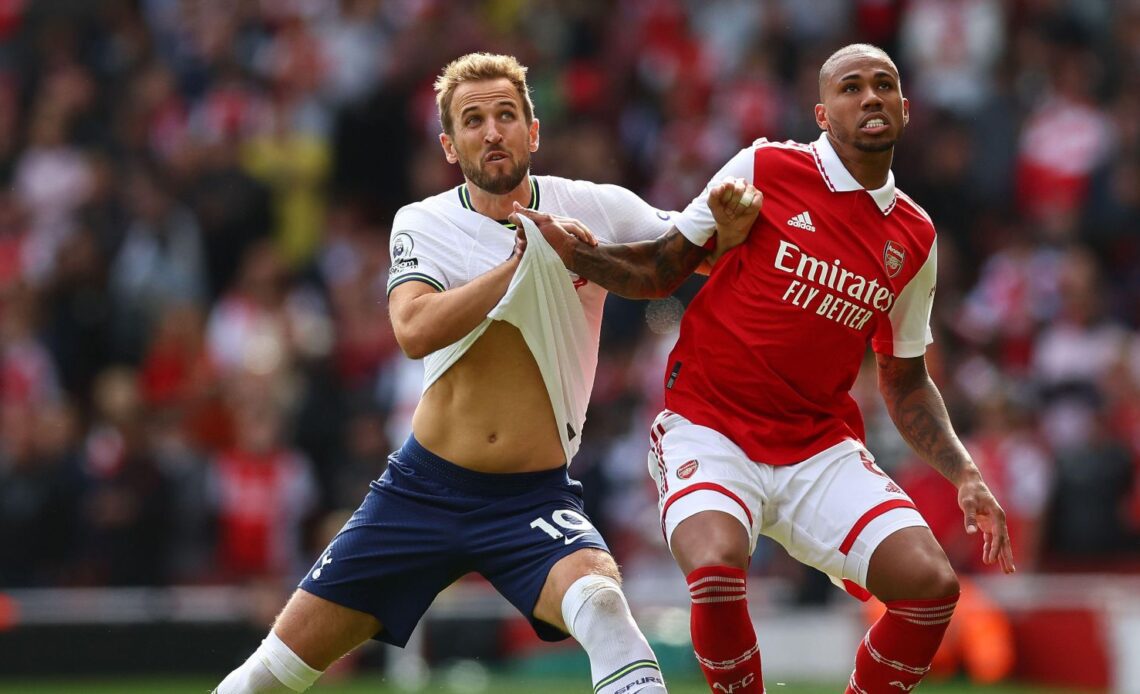 Harry Kane and Arsenal defender Gabriel tussle