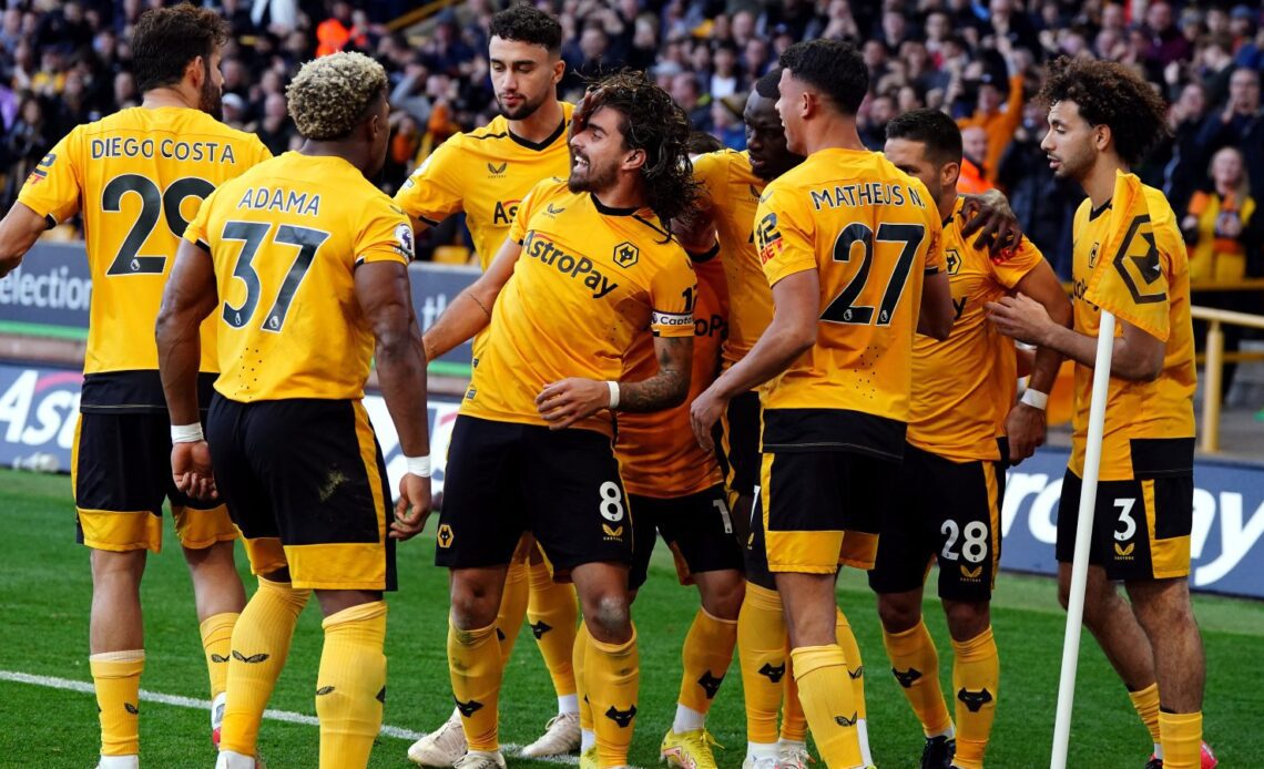 Ruben Neves celebrates scoring for Wolves against Nottingham Forest.