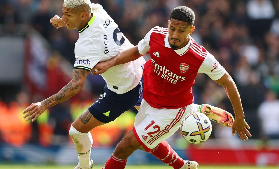 Arsenal defender William Saliba battles for the ball