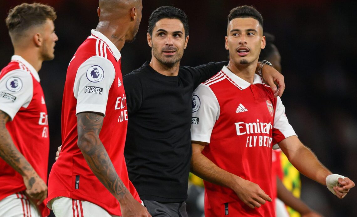 Mikel Arteta chats with Gabriel Martinelli after an Arsenal win.