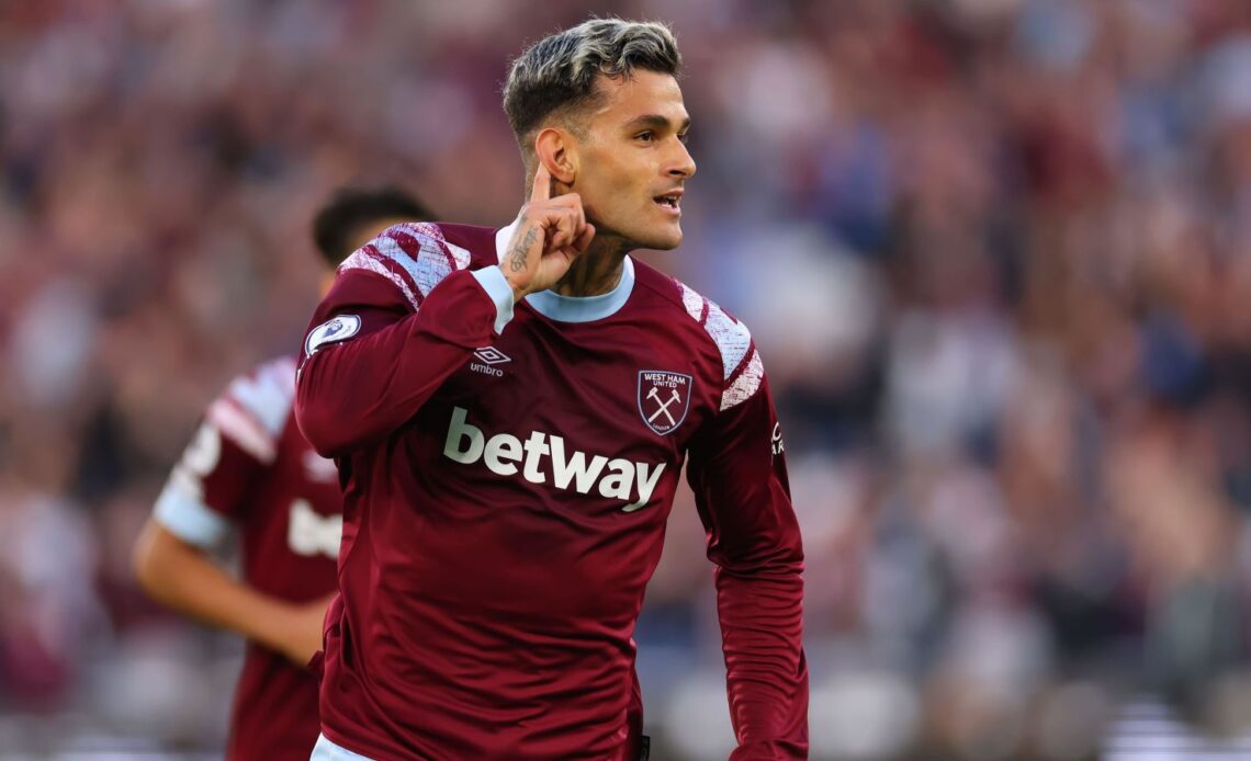 Gianluca Scamacca celebrates after scoring his first Premier League goal in a 2-0 West Ham win over Wolves