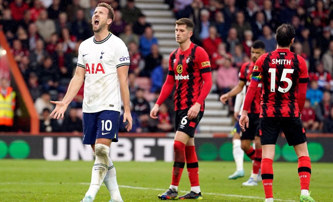 Tottenham striker Harry Kane is annoyed at missing a chance