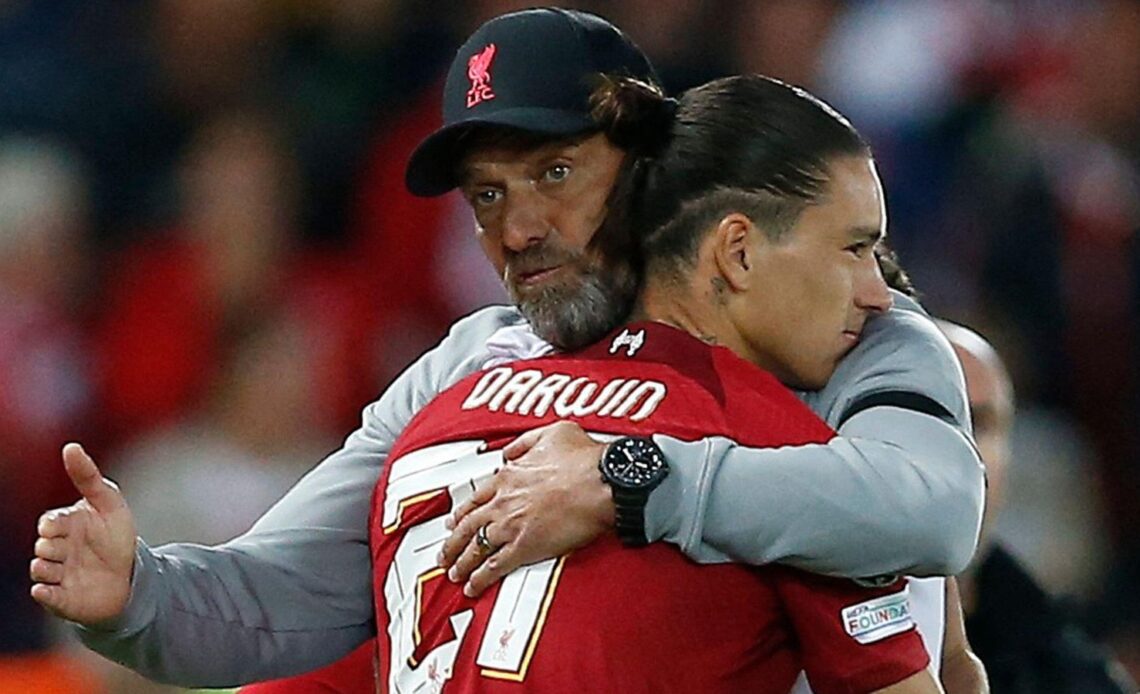 Liverpool boss Jurgen Klopp and Darwin Nunez give each other a hug