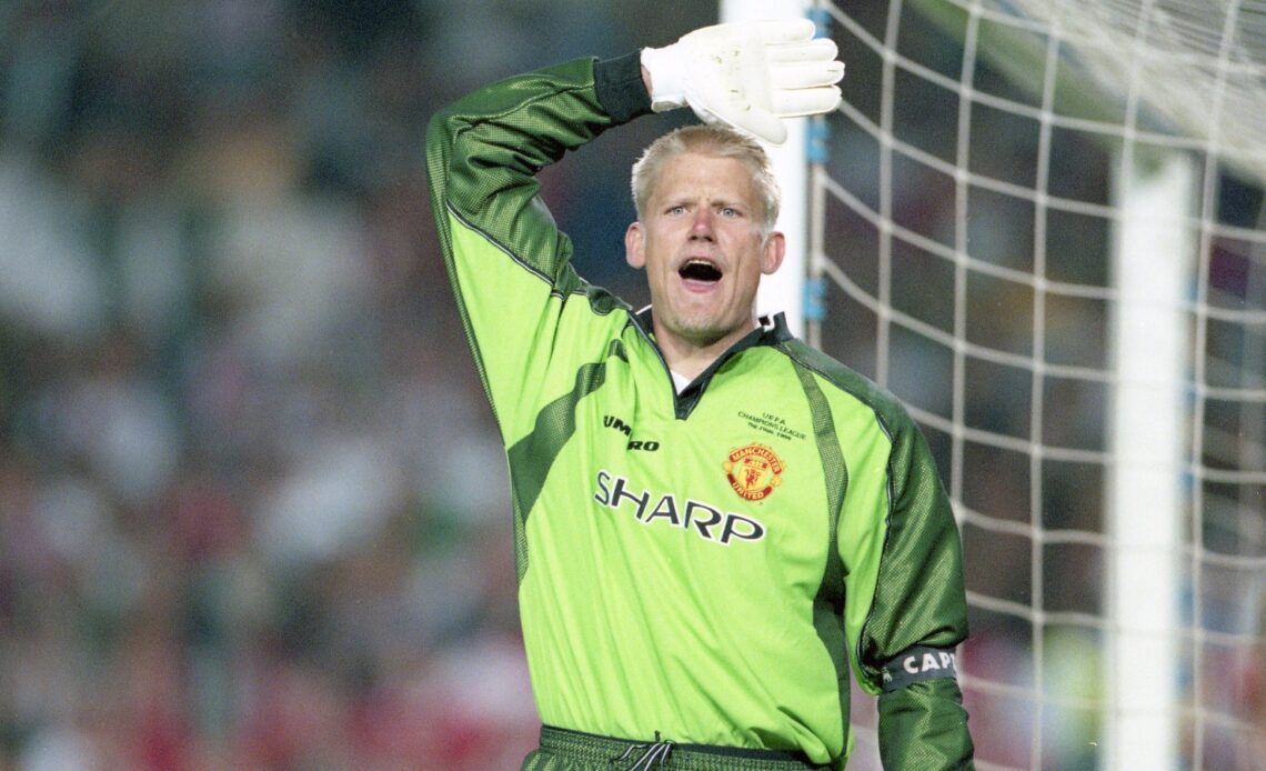 Manchester United goalkeeper Peter Schmeichel shouts instructions during the UEFA Champions League final victory over Bayern Munich at Camp Nou, Barcelona, May 1999.