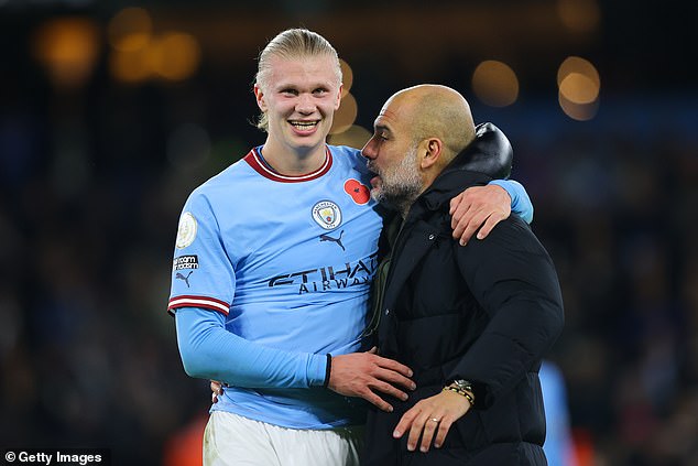 Haaland has scored 23 goals in just 18 appearances in all competitions since joining City for £52m this summer, but it remains to be seen if Pep Guardiola (right) will let him go for a month