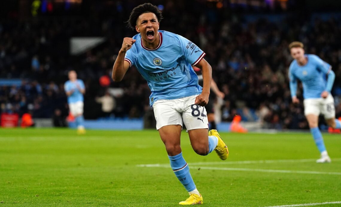 Manchester City teenager Rico Lewis celebrates his goal