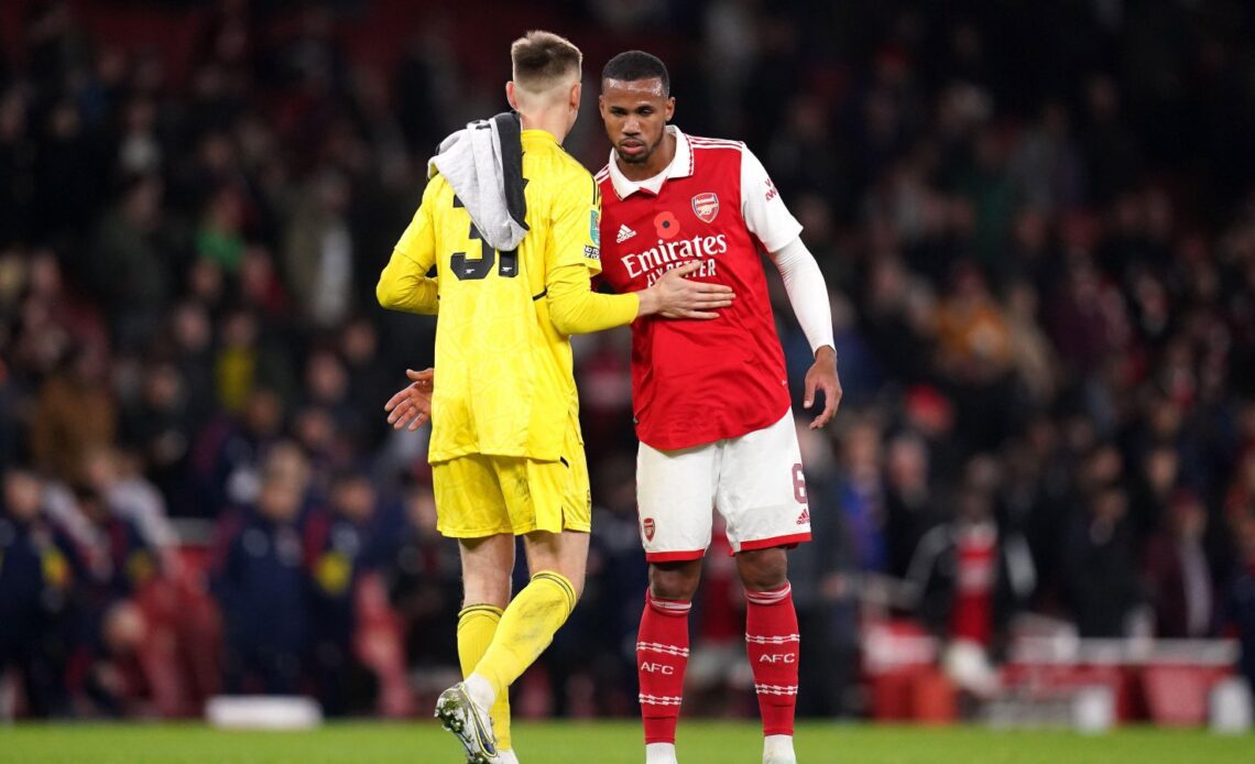 Arsenal defender Gabriel Magalhaes gives his team-mate a hug