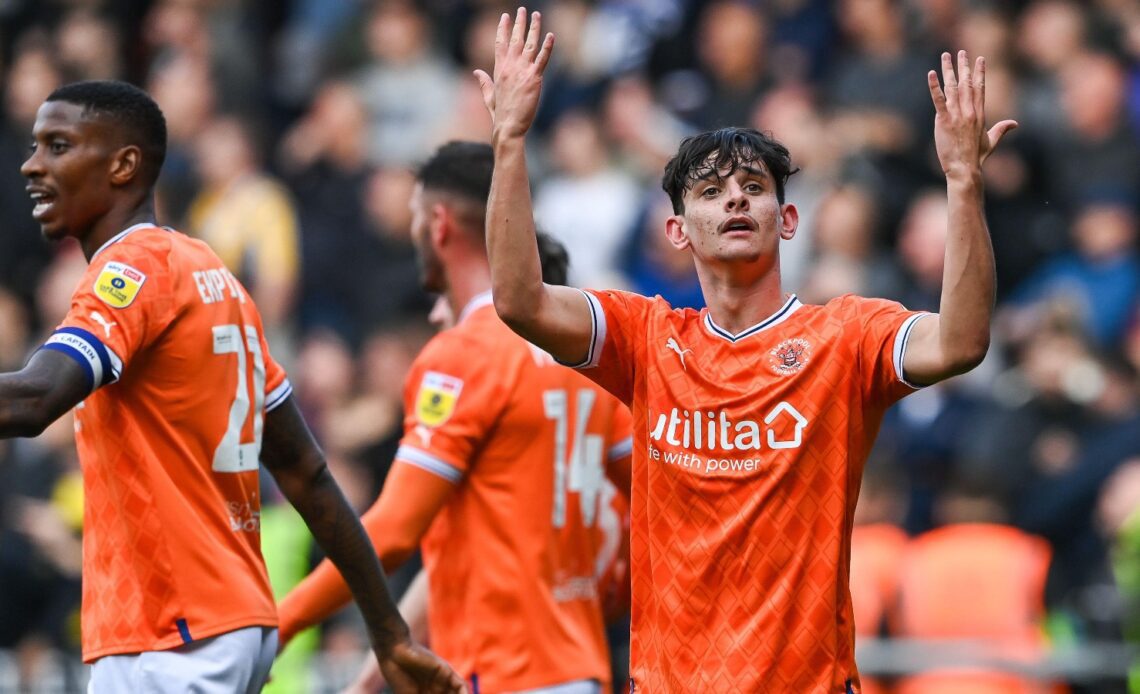 Arsenal loanee Charlie Patino #28 of Blackpool celebrates his goal to make it 2-1 during the Sky Bet Championship match Blackpool vs Preston North End at Bloomfield Road, Blackpool, United Kingdom, 22nd October 2022