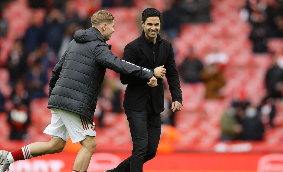 Arsenal midfielder Emile Smith Rowe and Mikel Arteta share a laugh