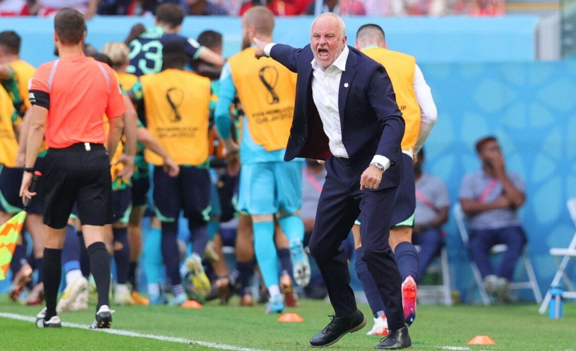 Australia boss Graham Arnold celebrates a goal