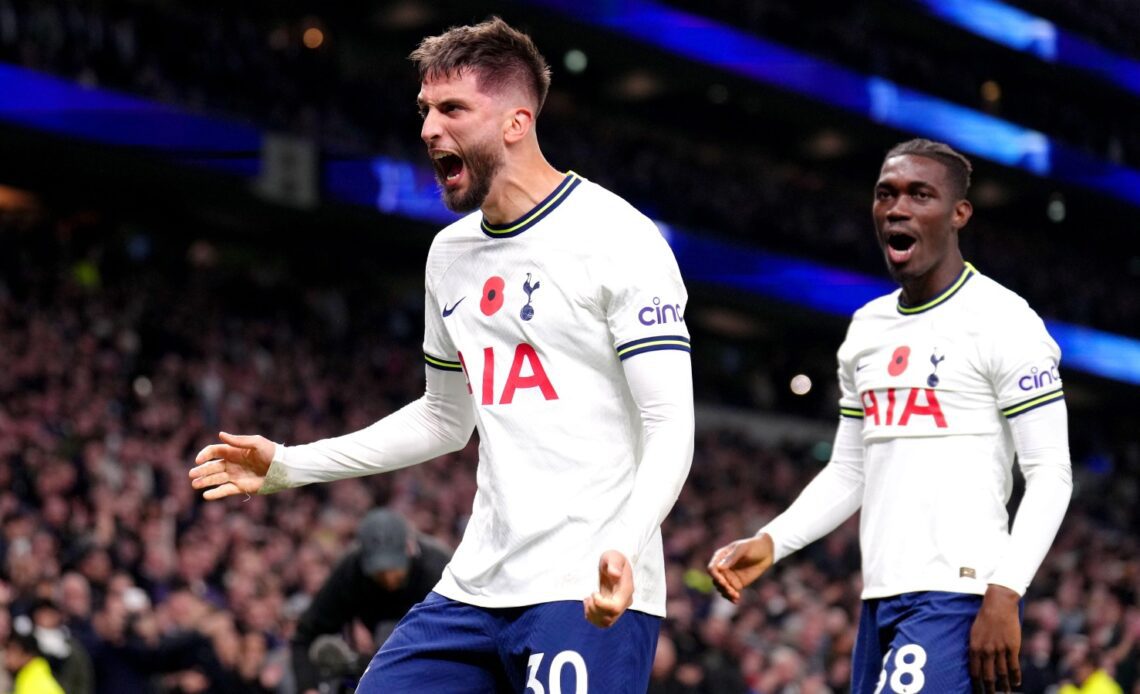 Tottenham midfielder Rodrigo Bentancur celebrates scoring