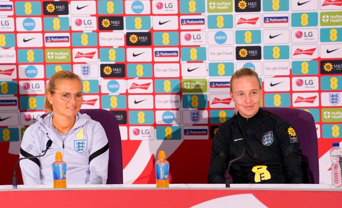 England manager Sarina Wiegman and forward Beth Mead at a press conference
