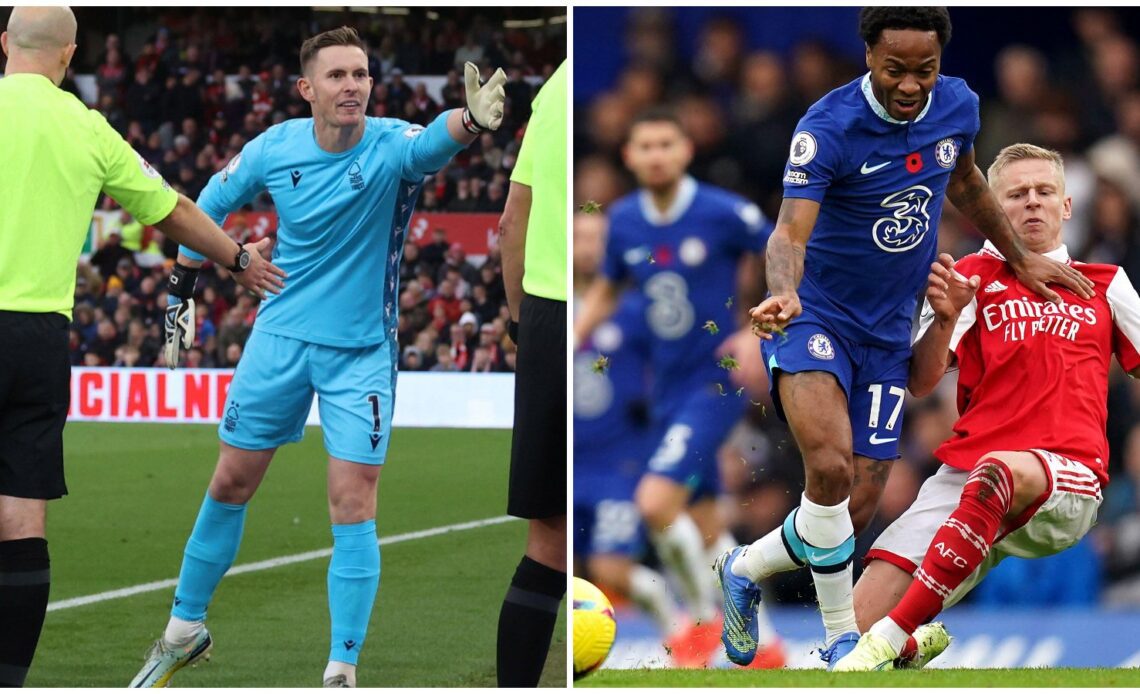 Nottingham Forest goalkeeper Dean henderson argues with officials and Chelsea's Raheem Sterling is tackled.