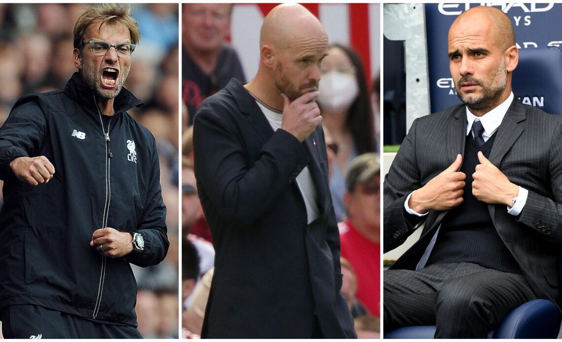 Jurgen Klopp, Erik Ten Hag and Pep Guardiola during their first games in charge of Liverpool, Man Utd and Man City respectively.