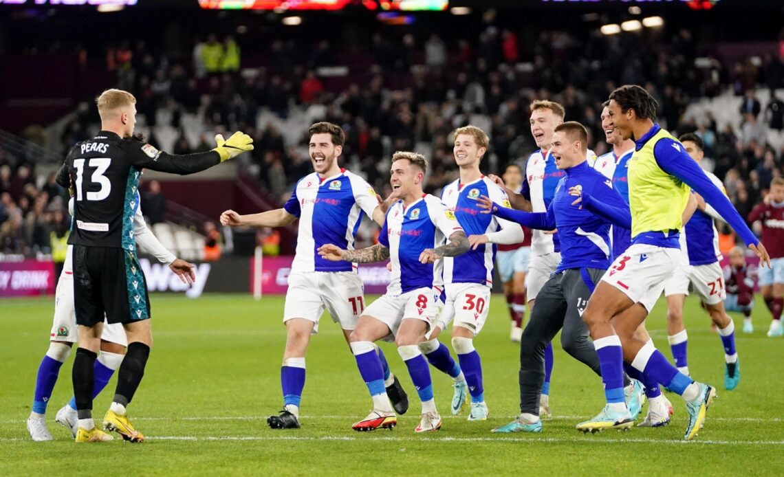 West Ham vs Blackburn - Blackburn players celebrate winning a penalty shootout