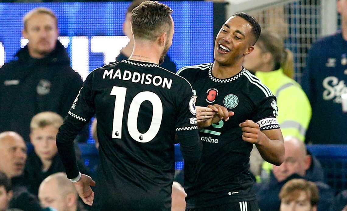 James Maddison and Youri Tielemans celebrate a Leicester goal against Everton.
