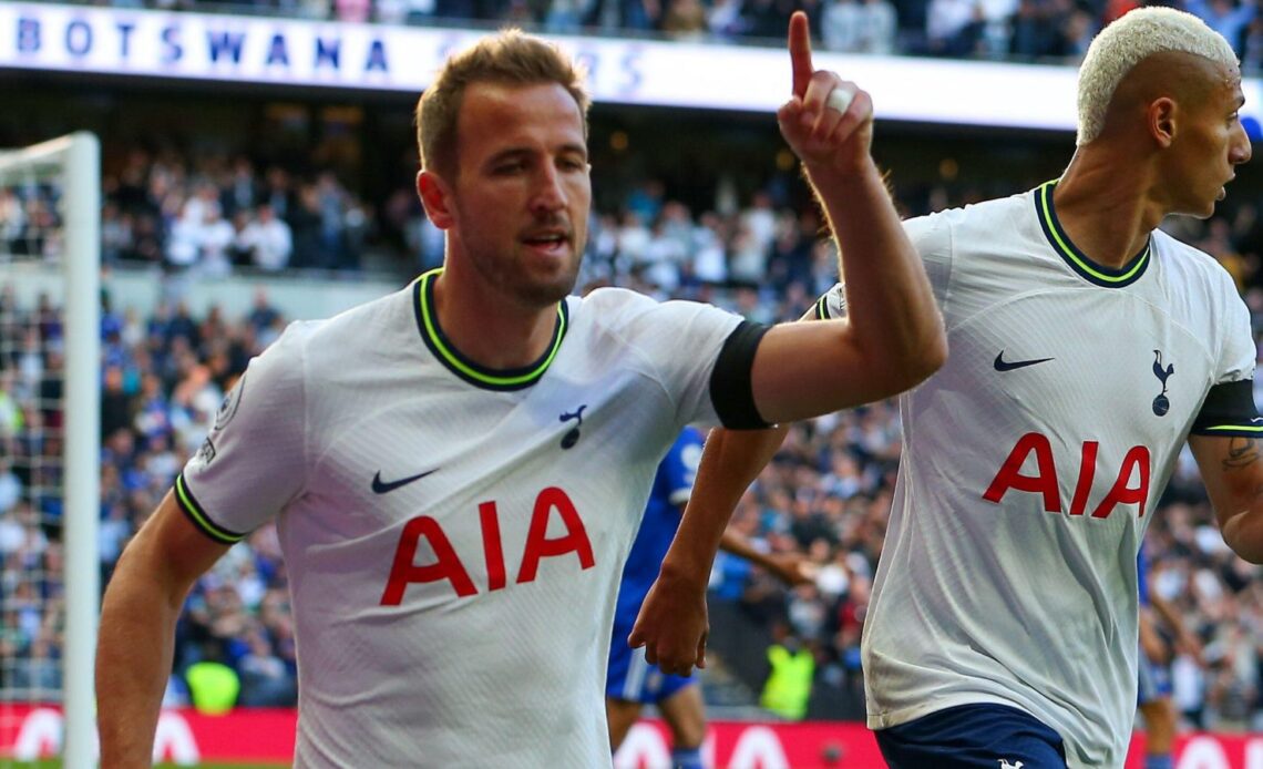 Tottenham striker Harry Kane celebrates scoring against Leicester.