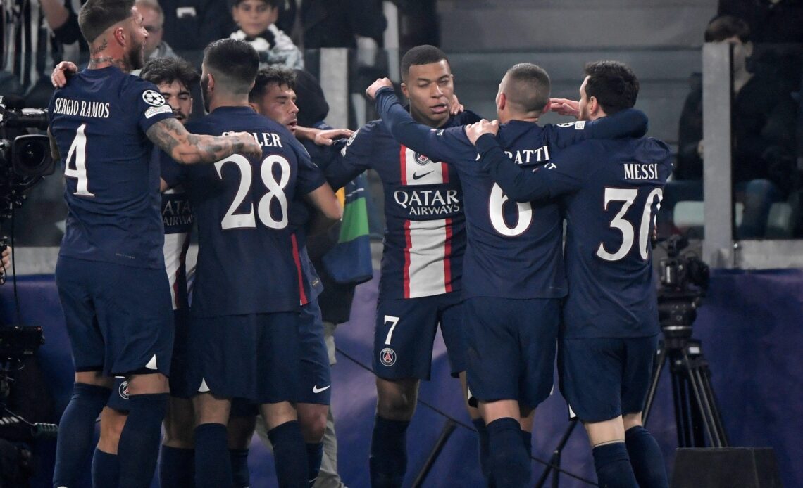 Champions League - PSG players celebrate Kylian Mbappe's goal