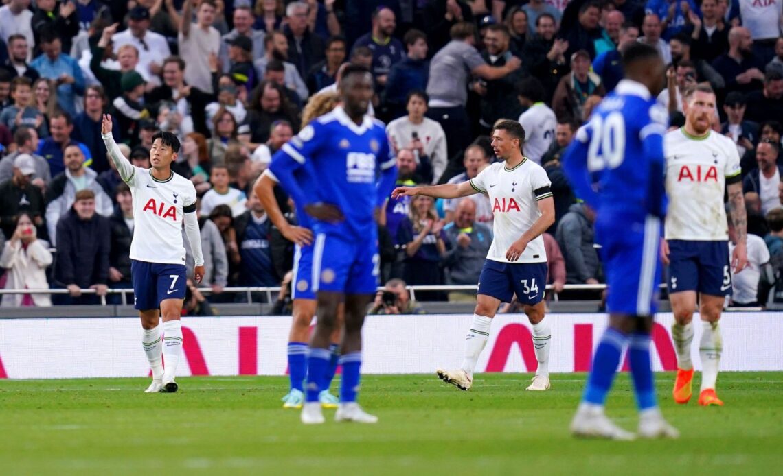 Son Heung-min celebrates after scoring for Tottenham in a 6-2 Premier League win over Leicester