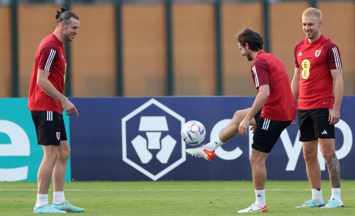 Wales players Gareth Bale, Aaron Ramsey and Joe Allen during a training session