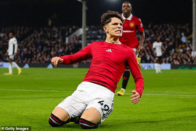 Garnacho celebrates after scoring a 93rd minute winner for Man United in a win over Fulham