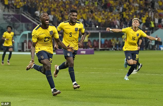 Moises Caicedo (left) celebrates scoring for Ecuador against Senegal during the group stages