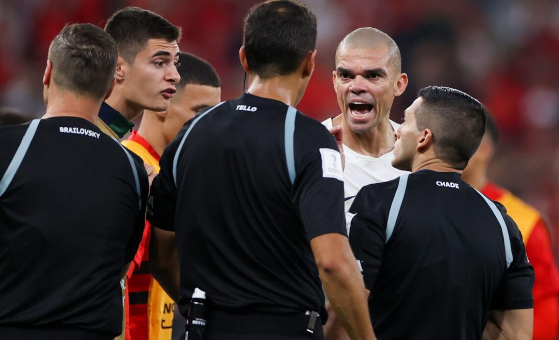 Portugal defender Pepe argues with the referee