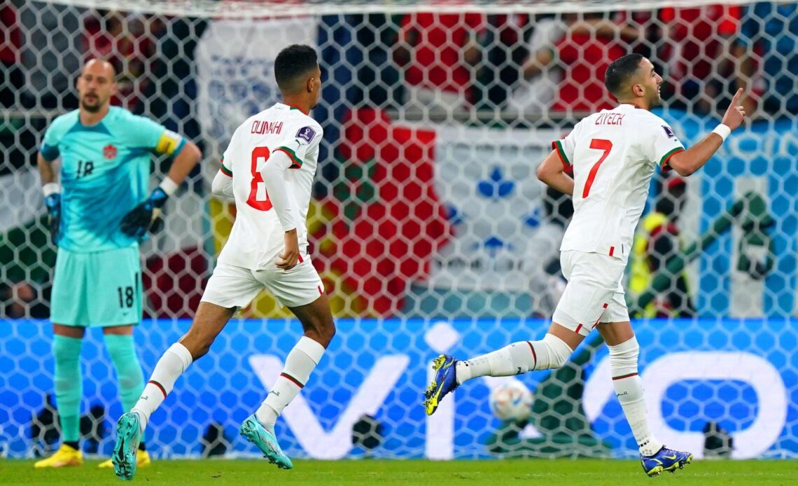 Chelsea winger Hakim Ziyech celebrates his goal for Morocco