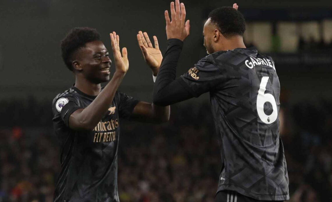Brighton v Arsenal - Bukayo Saka celebrates his goal with Gabriel